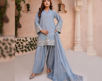 Pakistani Farshi Shalwar Suit Designer Embroidered Shalwar Kameez 3PC Silk Dress Latest Punjabi Patiala Partywear Nikkah Dress Ethnic Outfit