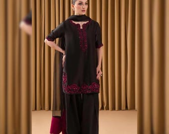 Costume 3 pièces Farshi Salwar en soie brute | Le designer indien pakistanais Salwar Kameez | Robe de soirée brodée | Tenue de fête de luxe pour mariage
