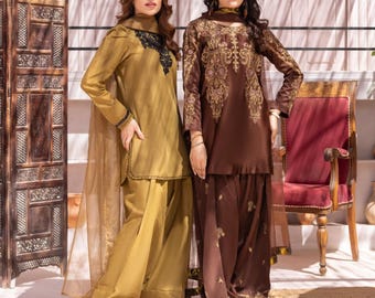 Embroidered Farshi Shalwar Suit Silk Pakistani Designer Shalwar Kameez Dress Latest Punjabi Patiala Partywear Nikkah Dress Ethnic Outfit