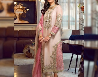 Embroidered Rose Pink Wedding Salwar Suit | Pakistani Indian Designer Dress | Party Wear Silk Shalwar Kameez | Formal Outfit For Women
