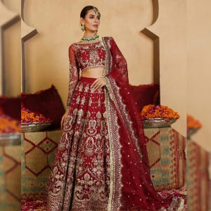 Red Designer Lehenga Choli Pakistani Indian Bridal Dress Custom Stitch Embroidered Net Peshwas Dress For Nikkah Mehendi Dress Wedding Outfit