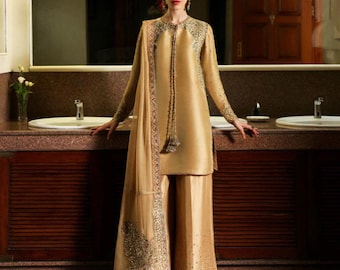 Broderad sidenbröllopskostym med salwar | Pakistansk designer Farshi Shalwar Kameez | Festklädsel för kvinnor | Klänning för bröllopsgäster