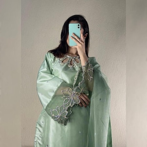 Pistachio Green Embroidered Silk Kameez Shalwar 3PC Suit Eid Outfit With Organza Dupatta Pakistani Designer Festive Party Wear for Women