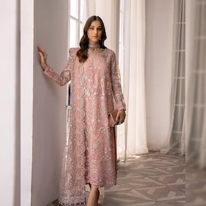 Latest Pakistani Designer Dress Pink 3PC Silk Suit With Net Dupatta Custom Stitch Formal Wear For Nikkah Mehendi Eid Wedding Holi For Women