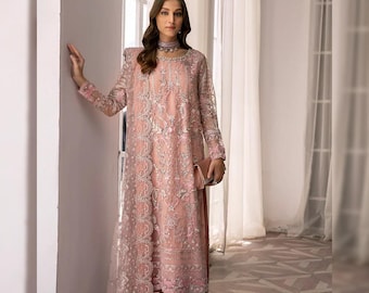 Latest Pakistani Designer Dress Pink 3PC Silk Suit With Net Dupatta Custom Stitch Formal Wear For Nikkah Mehendi Eid Wedding Holi For Women