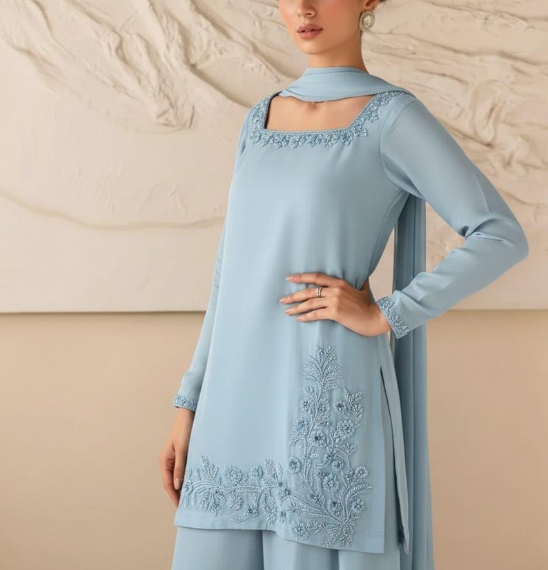Farshi Shalwar Suit Pakistani Designer Silk Shalwar Kameez Embroidered Dress Latest Punjabi Patiala Partywear Nikkah Dress Ethnic EId Outfit sky Blue