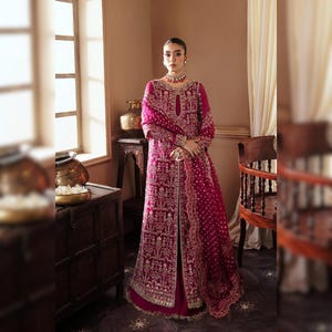 Pakistani Bridal Fuchsia Gown With Sharara Suit, Bridal Gown dress, Designer Nikkah Engagement Mehndi Salwar Kameez Wedding Outfit