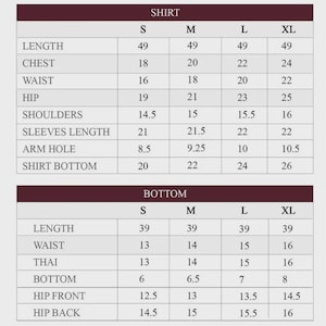 May include: A chart with measurements for shirts and bottoms, including length, chest, waist, hip, shoulders, sleeve length, arm hole, and shirt bottom. Sizes range from S to XL, with measurements in inches.