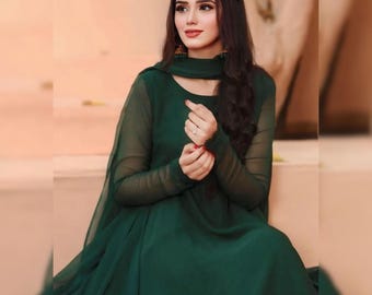 Designer Maxi Bottle Green Anarkali Dress 2PC Pakistani Chiffon Suit With Dupatta Embroidered Eastern Party Wear for Women Desi Clothing