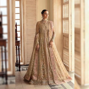 Custom Stitch Beige Gold Pakistani Indian Women Wedding Bridal Lehenga Dress Heavy Embroidered Designer Pishwas Eid Party Dress For Women