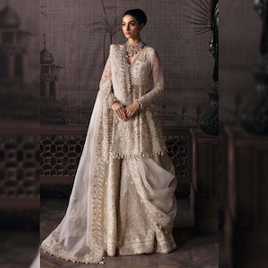 Custom Stitch Ivory Pakistani Indian Women Wedding Bridal Lehenga Dress Heavy Embroidered Designer Gharara Set Eid Party Dress For Women