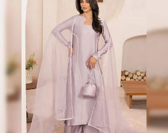 Bestickter festlicher Anzug für Damen | Pakistanisch-indisches Designer-Abendkleid | Seiden-Shalwar-Kameez für Hochzeiten