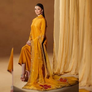 Embroidered Silk Pakistani Dress: 3PC Suit, Dupatta - Formal Wear