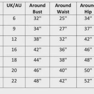 May include: A size chart with measurements in inches for clothing. The chart includes sizes XS to 3XL, with corresponding US, UK/AU, bust, waist, hip, and shoulder measurements. The chart is on a light background.
