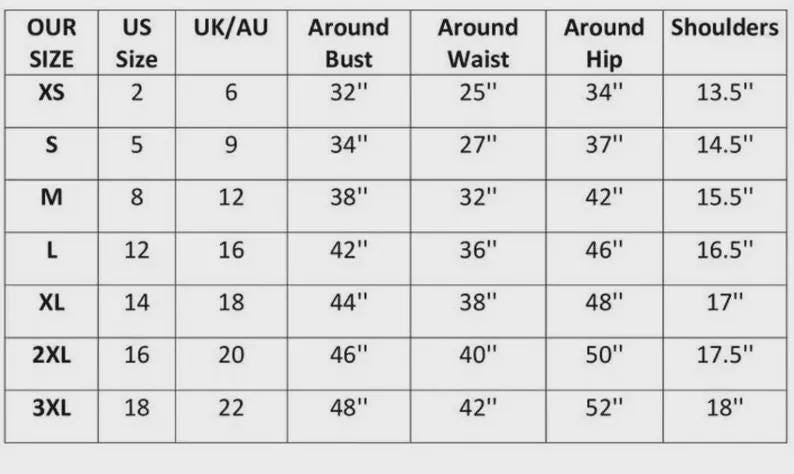 May include: A size chart with measurements in inches for clothing. The chart includes sizes XS to 3XL, with corresponding US, UK/AU, bust, waist, hip, and shoulder measurements. The chart is on a light background.
