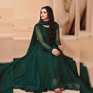 Designer Maxi Bottle Green Anarkali Dress 2PC Pakistani Chiffon Suit With Dupatta Embroidered Eastern Party Wear for Women Desi Clothing