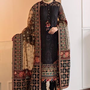 Embroidered Black Chiffon Anarkali Dress: Pakistani Velvet Suit with Organza Dupatta