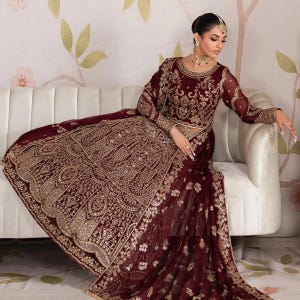 Maroon Embroidered Lehenga Choli: Sequin Chiffon Indian Bridal Dress