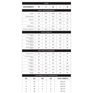 May include: A size chart for clothing and footwear. The chart includes measurements for bust, shoulders, waist, hips, armhole, and sleeve length in inches. It also includes shirt lengths in inches, bottom categories in inches, and footwear sizes in US, UK, and EU sizes. The chart also includes foot length in centimeters.