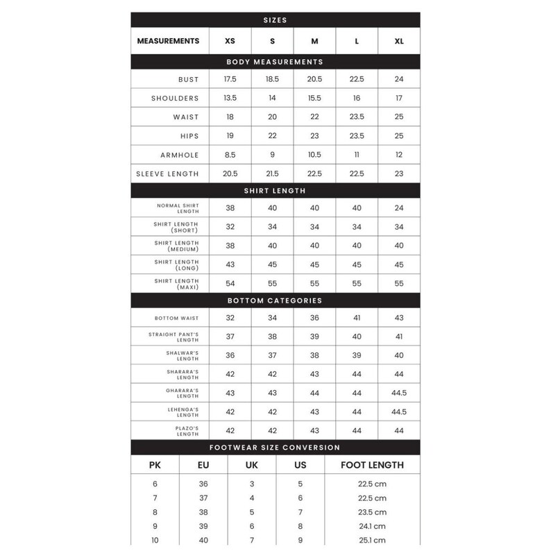 May include: A size chart for clothing and footwear. The chart includes measurements for bust, shoulders, waist, hips, armhole, and sleeve length in inches. It also includes shirt lengths in inches, bottom categories in inches, and footwear sizes in US, UK, and EU sizes. The chart also includes foot length in centimeters.