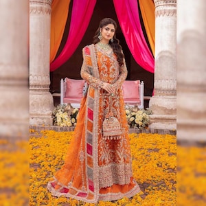 Embroidered Orange Lehenga Choli Women Mehendi Maxi Dress Custom Stitch Pakistani Indian Designer Wedding Suit Anarkali Dress Nikkah Outfits