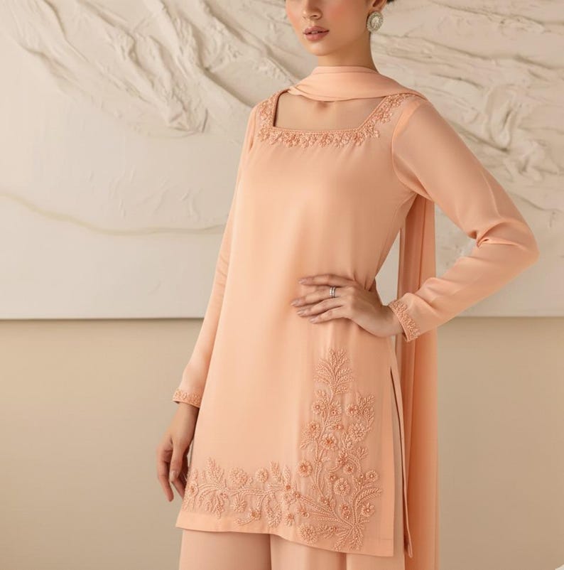 Farshi Shalwar Suit Pakistani Designer Silk Shalwar Kameez Embroidered Dress Latest Punjabi Patiala Partywear Nikkah Dress Ethnic EId Outfit Peach Blossom