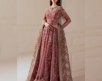 Maßgeschneidertes, rosafarbenes Maxikleid für pakistanische und indische Damen, aufwendig bestickt, Anarkali-Designer-Anzug, elegantes Nikkah-Mehendi-Kleid