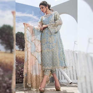 Pakistani Wedding Dresses Blue Embroidered Organza Indian Dress Eid Collection Style Salwar Kameez, Partywear Nikkah, Engagement suit