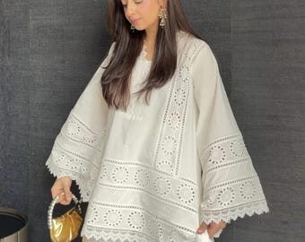 White Pure Cotton Chikankari Kurti With Bell Sleeves And Afgani Pants | Pakistani Indian Dress | Women Summer Dresses | Party Wear Suit