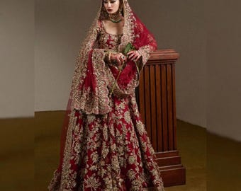 Abito da sposa firmato, abito da sposa pakistano-indiano, abito Lehenga ricamato su misura per Nikkah, Mehndi, Barat, abito da sposa.