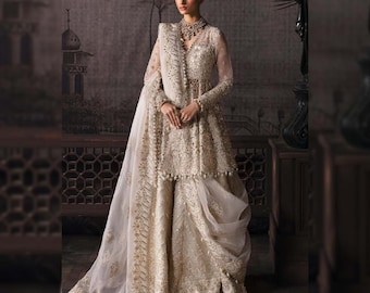 Custom Stitch Ivory Pakistani Indian Women Wedding Bridal Lehenga Dress Heavy Embroidered Designer Gharara Set Eid Party Dress For Women