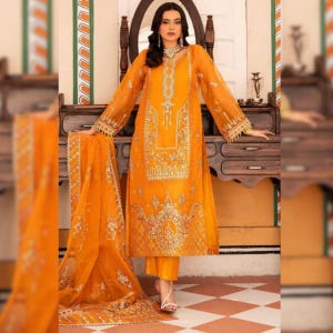 Embroidered Organza Pakistani Dress: 3PC Wedding Suit