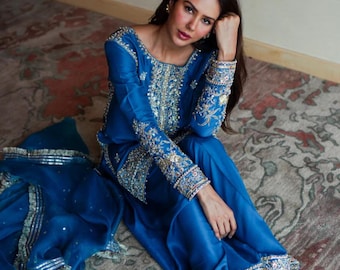 Embroidered Silk Farshi Shalwar Suit | Pakistani Indian Formal Dress | Party Wear Salwar Kameez | Wedding Guest Outfit