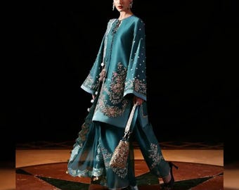 Broderad siden Farshi Salwar kostym | Pakistansk indisk designerfestoutfit | Bröllopsklänning för kvinnor