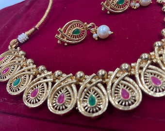 Indian Gold Plated Pearl Necklace Earring Set, Pink & Green Wedding Jewelry, Gift for her