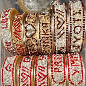 Personalized Couple Name Stone Kada Bangle Set - Indian Red Bridal Chura - Set of 2