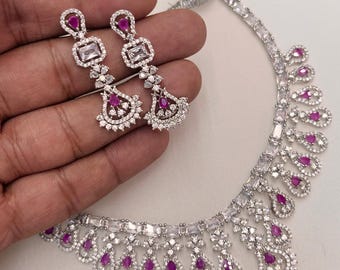 Conjunto de collar y pendientes con diamantes americanos, joyería de boda rosa, joyería de regalo