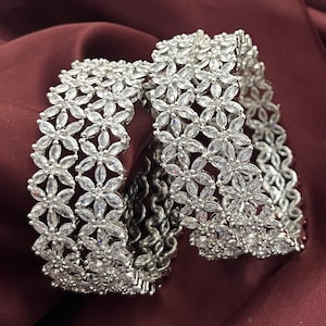 Indian Silver Plated American Diamond Bangles Bracelet Set, CZ Wedding Jewelry Gift Item, Pack of 4