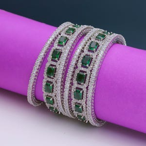 6 Pc American diamond Silver Plated Green Bangle set, Indian Zircon Bracelet, Indian wedding jewelry, Gift bracelets