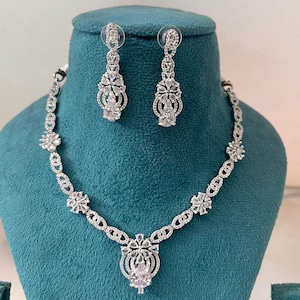 American diamond necklace set, Indian jewellery, wedding jewellery cz necklace earring set