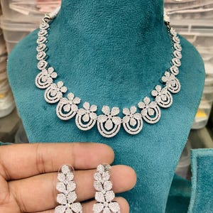 CZ Diamond Indian Necklace Set: Silver Tone Wedding Jewelry