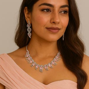 American diamond  pink necklace set, Indian jewellery, wedding jewellery necklace earring