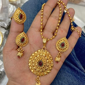 Indian Antique Gold Plated Long Pendant Necklace, Earring, Ring Set, Pakistani Combo Jewellery