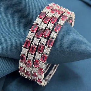 Ensemble de 4 joncs rouges plaqués argent avec diamants américains, bracelets indiens en zircone/Cadeaux pour elle