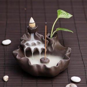 Lotus Hand Incense Burner – Ceramic Backflow Waterfall, Zen Home Decor