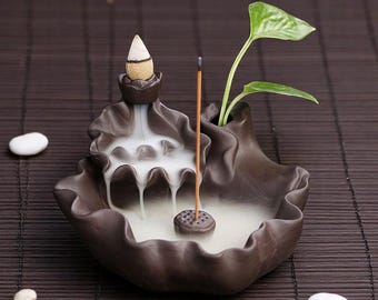 Lotus Hand Incense Burner – Ceramic Backflow Waterfall, Zen Home Decor