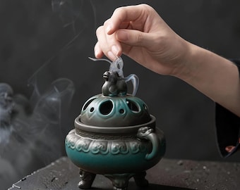 Quemador de incienso de cerámica con tapa de dragón, aromaterapia y decoración zen.