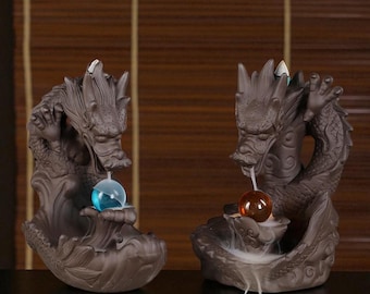 Dragon Incense Burner with Crystal Ball – Ceramic Backflow Waterfall