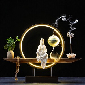 LED Incense Burner Lamp Buddha Backflow Waterfall Aromatherapy Zen Decor