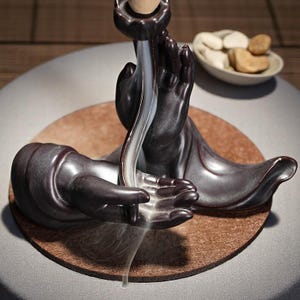 Buddha Hand Incense Burner – Ceramic Backflow Waterfall, Zen Decor Gift